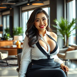 A playful and attractive portrait of a stunning Chinese woman, inspired by Angel Karamoy, featuring a curvy figure with large breasts, confidently sitting in a stylish office setting