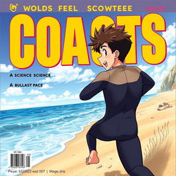 Detailed anime-style cover art for an educational science magazine issue titled 'Coasts', featuring an excited teen male character in a tight full-body wetsuit