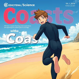 Detailed anime-style cover art for an educational science magazine issue titled 'Coasts', featuring an excited teen male character in a tight full-body wetsuit