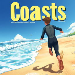 Detailed anime-style cover art for an educational science magazine issue titled 'Coasts', featuring an excited teen male character in a tight full-body wetsuit