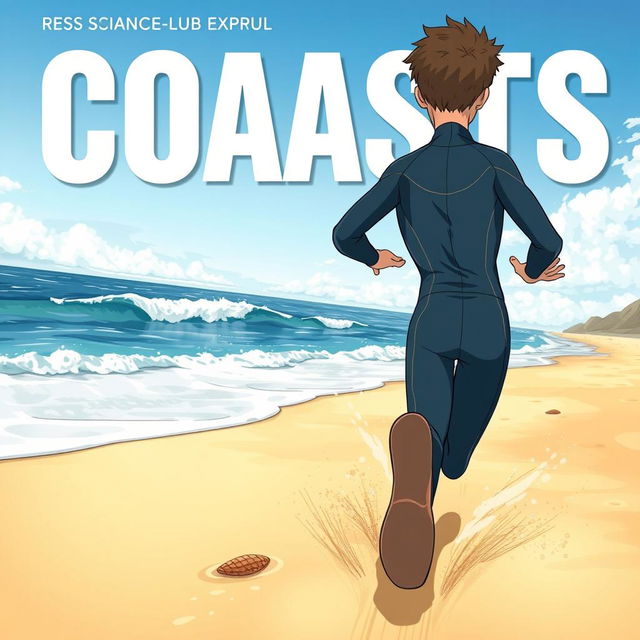 Detailed anime-style cover art for an educational science magazine issue titled 'Coasts', featuring an excited teen male character in a tight full-body wetsuit