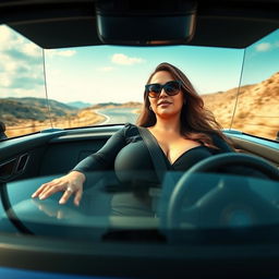 A striking front view of a voluptuous woman confidently driving a sleek sports car at high speed