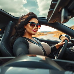A striking front view of a voluptuous woman confidently driving a sleek sports car at high speed