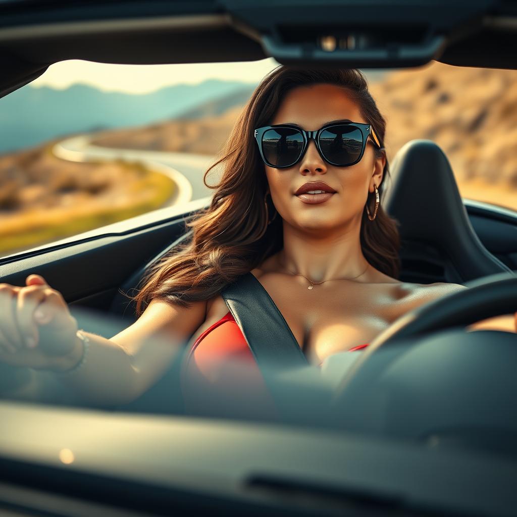 A striking front view of a voluptuous woman confidently driving a sleek sports car at high speed