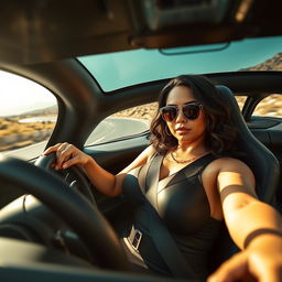 A striking front view of a voluptuous woman confidently driving a sleek sports car at high speed