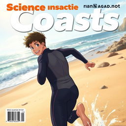 Detailed anime-style cover art for an educational science magazine issue titled 'Coasts', featuring an excited teen male character in a tight, wet wetsuit