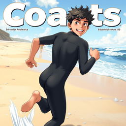Detailed anime-style cover art for an educational science magazine issue titled 'Coasts', featuring an excited teen male character in a tight, wet wetsuit