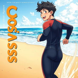 Detailed anime-style cover art for an educational science magazine issue titled 'Coasts', featuring an excited teen male character in a tight, wet wetsuit