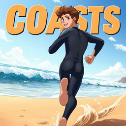 Detailed anime-style cover art for an educational science magazine issue titled 'Coasts', featuring an excited teen male character in a tight, wet wetsuit