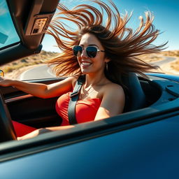 A captivating, busty woman driving a sleek sports car at breakneck speed, her hair wildly flowing in the wind, expressing excitement and thrill