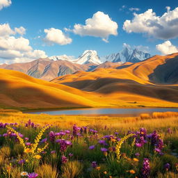 A stunning, ethereal landscape with rolling hills bathed in warm golden sunlight, dotted with vibrant wildflowers in various shades of purple and yellow