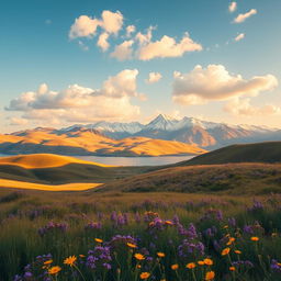 A stunning, ethereal landscape with rolling hills bathed in warm golden sunlight, dotted with vibrant wildflowers in various shades of purple and yellow