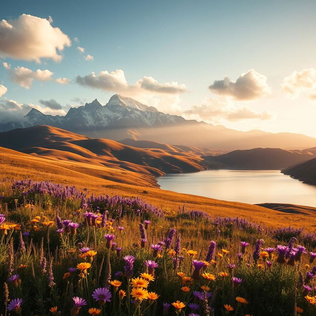 A stunning, ethereal landscape with rolling hills bathed in warm golden sunlight, dotted with vibrant wildflowers in various shades of purple and yellow