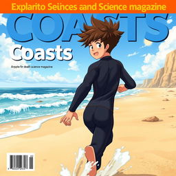 Detailed anime-style cover art for an educational science magazine issue titled 'Coasts', featuring an excited teen male character with tan skin and fluffy brown hair in a tight, dripping wet wetsuit