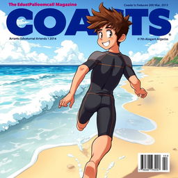 Detailed anime-style cover art for an educational science magazine issue titled 'Coasts', featuring an excited teen male character with tan skin and fluffy brown hair in a tight, dripping wet wetsuit