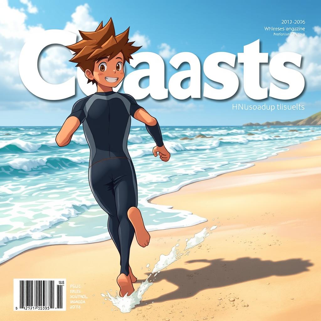 Detailed anime-style cover art for an educational science magazine issue titled 'Coasts', featuring an excited teen male character with tan skin and fluffy brown hair in a tight, dripping wet wetsuit