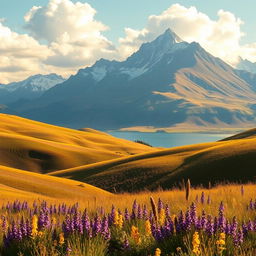 A stunning, ethereal landscape with rolling hills bathed in warm golden sunlight, dotted with vibrant wildflowers in various shades of purple and yellow