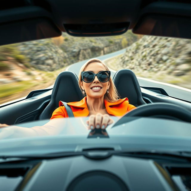 A whimsical and exaggerated front view of a confident woman driving a sleek sports car at high speed, featuring extraordinarily large breasts, humorously exaggerated to a fantasy size of 3000 cc