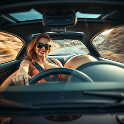 A whimsical and exaggerated front view of a confident woman driving a sleek sports car at high speed, featuring extraordinarily large breasts, humorously exaggerated to a fantasy size of 3000 cc