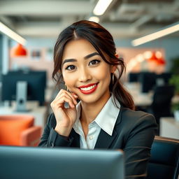 A beautiful and attractive Asian woman, embodying a playful and flirtatious demeanor, working in a modern office environment