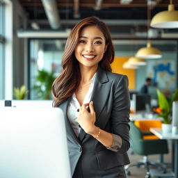 A beautiful and attractive Asian woman, embodying a playful and flirtatious demeanor, working in a modern office environment