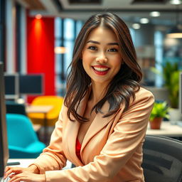 A beautiful and attractive Asian woman, embodying a playful and flirtatious demeanor, working in a modern office environment