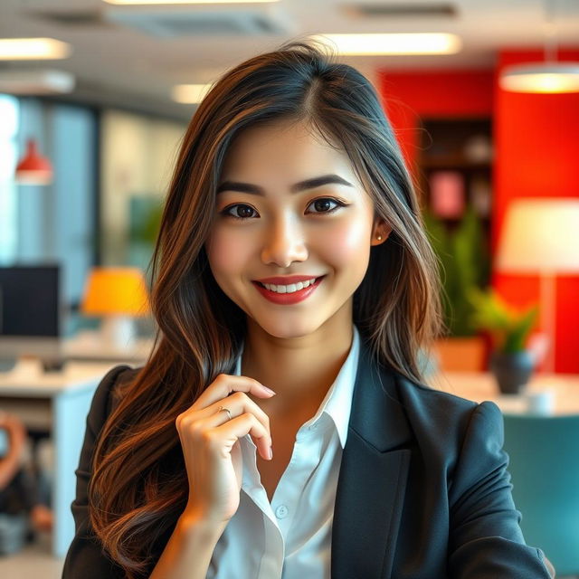 A beautiful and attractive Asian woman, embodying a playful and flirtatious demeanor, working in a modern office environment