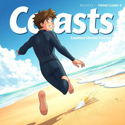 Detailed anime-style cover art for an educational science magazine issue titled 'Coasts', featuring a friendly teen male character in a tight wet wetsuit