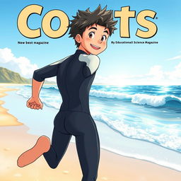 Detailed anime-style cover art for an educational science magazine issue titled 'Coasts', featuring a friendly teen male character in a tight wet wetsuit