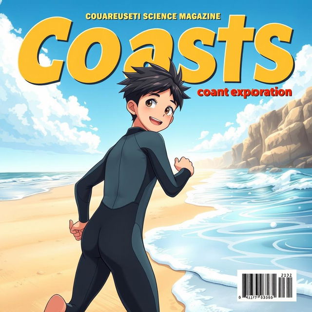 Detailed anime-style cover art for an educational science magazine issue titled 'Coasts', featuring a friendly teen male character in a tight wet wetsuit