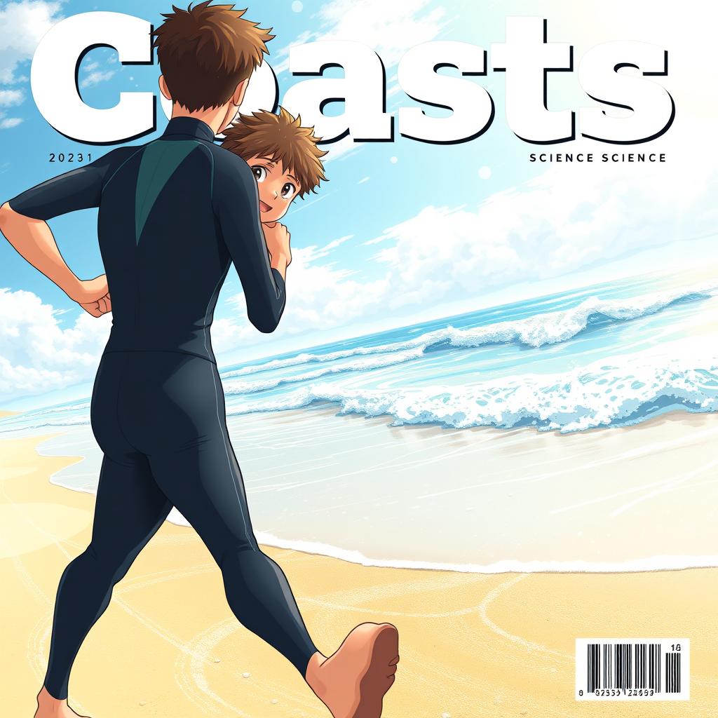 Detailed anime-style cover art for an educational science magazine issue titled 'Coasts', featuring a friendly teen male character in a tight wet wetsuit