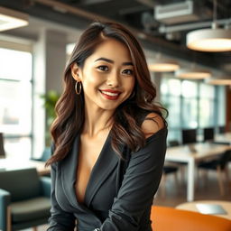 A beautiful Asian woman with a confident and flirtatious demeanor, showcasing her striking features and a curvaceous figure, working in a contemporary office setting