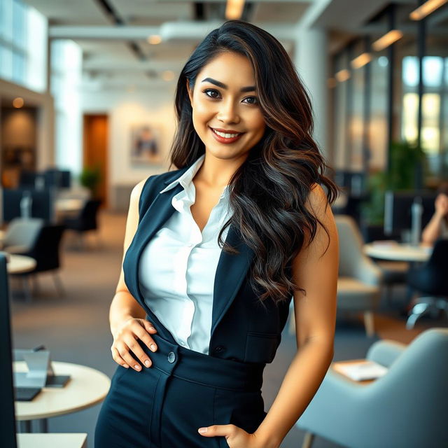 A beautiful Asian woman with a confident and flirtatious demeanor, showcasing her striking features and a curvaceous figure, working in a contemporary office setting