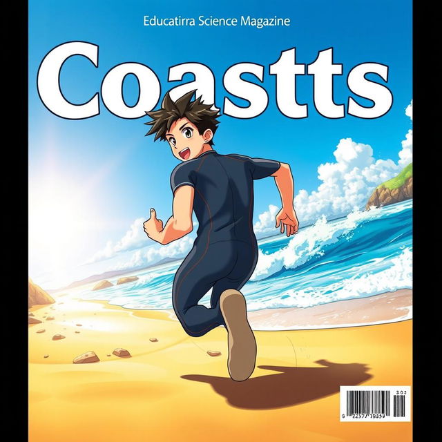 Detailed anime-style cover art for an educational science magazine issue titled 'Coasts', featuring an excited male character in a tight wet wetsuit