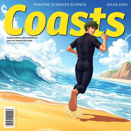 Detailed anime-style cover art for an educational science magazine issue titled 'Coasts', featuring an excited male character in a tight wet wetsuit