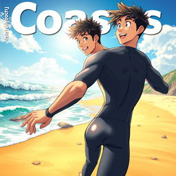 Detailed anime-style cover art for an educational science magazine issue titled 'Coasts', featuring an excited male character in a tight wet wetsuit