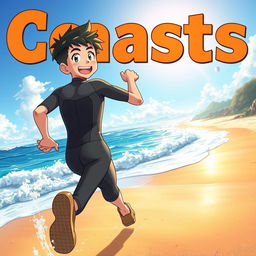 Detailed anime-style cover art for an educational science magazine issue titled 'Coasts', featuring an excited male character in a tight wet wetsuit