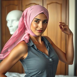 A Jewish Orthodox woman with a fully covered head, wearing a pink flowy tichel with a floral pattern, engaging in a sexy dance, looking directly at the viewer with a flirtatious expression
