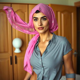 A Jewish Orthodox woman with a fully covered head, wearing a pink flowy tichel with a floral pattern, engaging in a sexy dance, looking directly at the viewer with a flirtatious expression