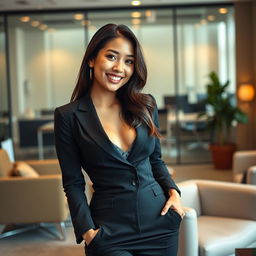 A stunningly attractive Asian woman with a playful and flirtatious personality, situated in a modern office setting