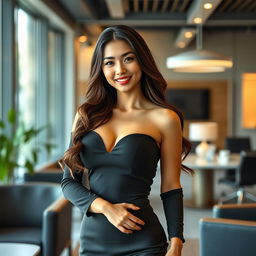 A stunningly attractive Asian woman with a playful and flirtatious personality, situated in a modern office setting