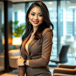 A stunningly attractive Asian woman with a playful and flirtatious personality, situated in a modern office setting
