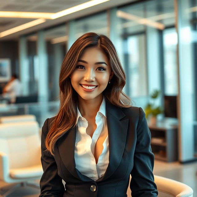 A stunningly attractive Asian woman with a playful and flirtatious personality, situated in a modern office setting