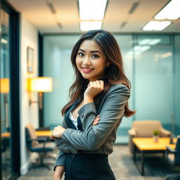 A beautiful and alluring Asian woman with a playful and confident attitude, set in a modern office environment