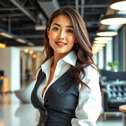 A beautiful and alluring Asian woman with a playful and confident attitude, set in a modern office environment