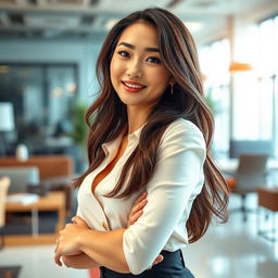 A beautiful and alluring Asian woman with a playful and confident attitude, set in a modern office environment