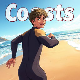 Detailed anime-style cover art for an educational science magazine issue titled 'Coasts', featuring an excited teen male character in a skin-tight wet wetsuit