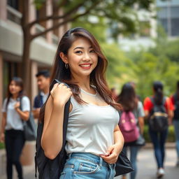 A beautiful and flirtatious Chinese university student with an alluring presence, characterized by her striking features and a curvy figure