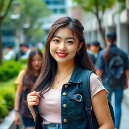 A beautiful and flirtatious Chinese university student with an alluring presence, characterized by her striking features and a curvy figure