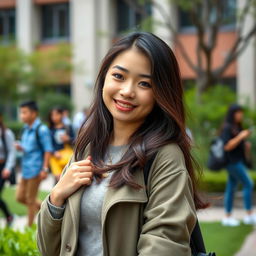 A beautiful and flirtatious Chinese university student with an alluring presence, characterized by her striking features and a curvy figure